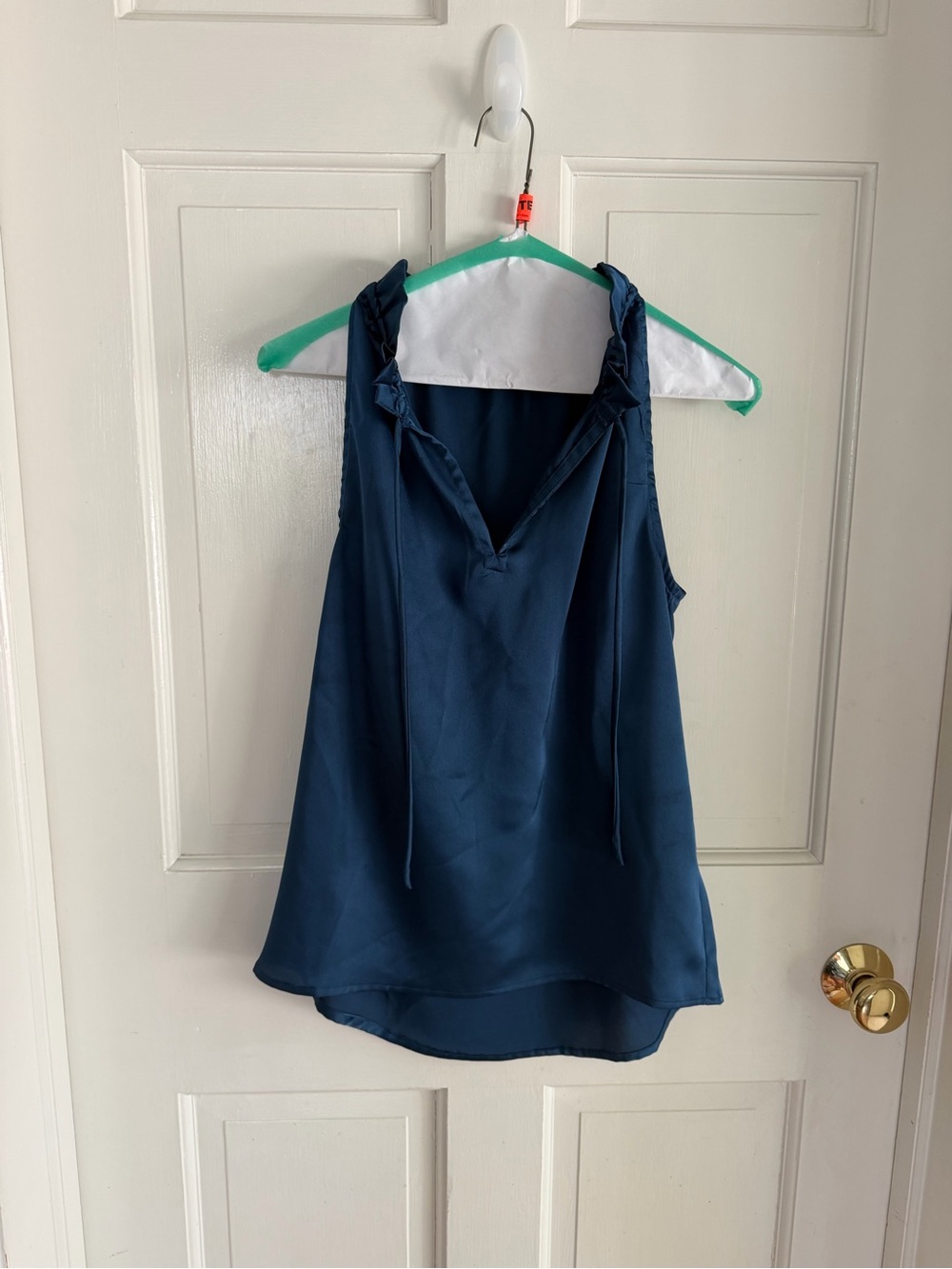 Abbey Glass Navy Blue Ruffle V Neck Sleeveless Top S